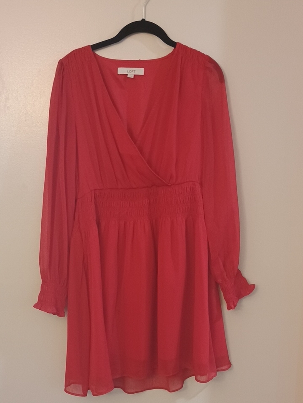 LOFT Coral-Red Long Sleeve V-Neck Smocked Waist Dress